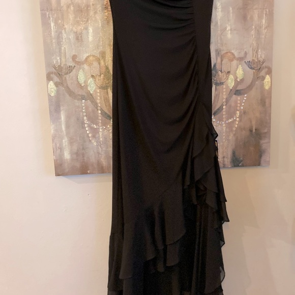 NWT BCBGMAXAZRIA Black Strapless Formal Ruched with Cascading Ruffles Down Side - Picture 10 of 12